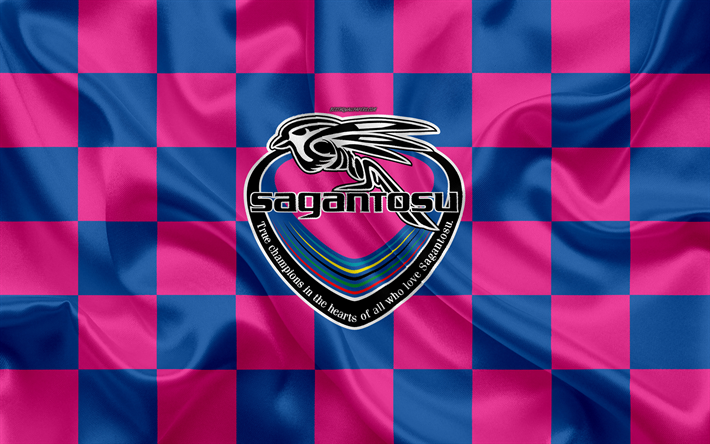 Sagan Tosu FC, 4k, logo, arte criativa, azul cor-de-rosa bandeira quadriculada, Japon&#234;s futebol clube, J1 League, J League Division 1, emblema, textura de seda, Tosu, Jap&#227;o, futebol