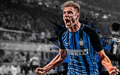 Milan Skriniar, 4k, Slovak football player, Inter Milan FC, defender Internazionale FC, blue-black paint splashes, creative art, Serie A, Italy, football, grunge art, Skriniar
