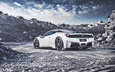 Ferrari 458 Italia, vista lateral, offroad, 2018 coches, supercars, blanco 458 Italia, italiano coches, Ferrari