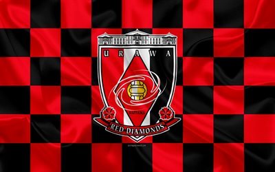Urawa Red Diamonds, 4k, logo, creative art, red black checkered flag, Japanese football club, J1 League, J League Division 1, emblem, silk texture, Saitama, Japan, football