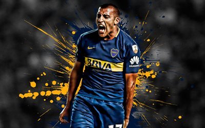 Ramon Abila, 4k, Argentinian football player, Boca Juniors, striker, blue yellow paint splashes, creative art, Argentina, football, grunge art