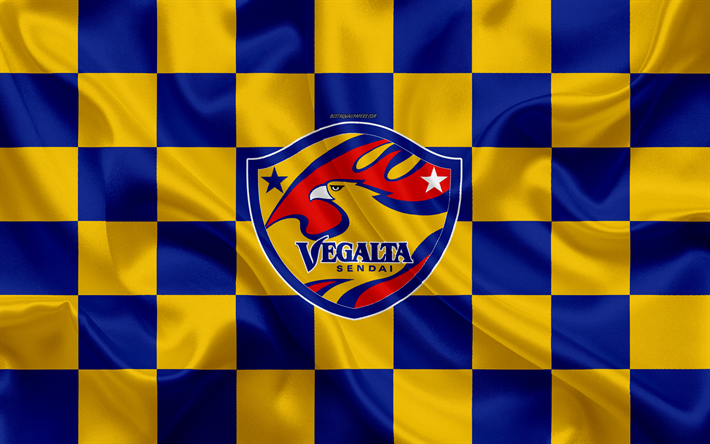 Vegalta Sendai, 4k, logotipo, arte creativo, amarillo azul de la bandera a cuadros, Japon&#233;s club de f&#250;tbol, de la Liga J1, J Divisi&#243;n de la Liga 1, el emblema, la textura de seda, en Sendai, Jap&#243;n, f&#250;tbol