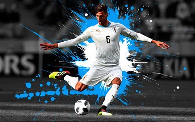 Rodrigo Bentancur, 4k, Uruguayan footballer, midfielder, Uruguay national team, blue-white paint splashes, art, Uruguay, football, Bentancur