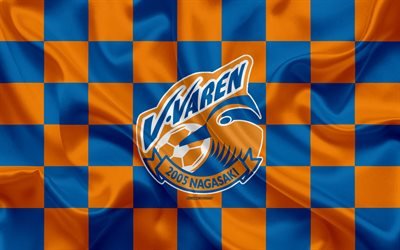 v-varen nagasaki -, 4k -, logo -, kunst -, orange-blau karierten flagge, japanische fu&#223;ball-club, j1 league, j-league division 1, emblem, seide textur, nagasaki, japan, fu&#223;ball