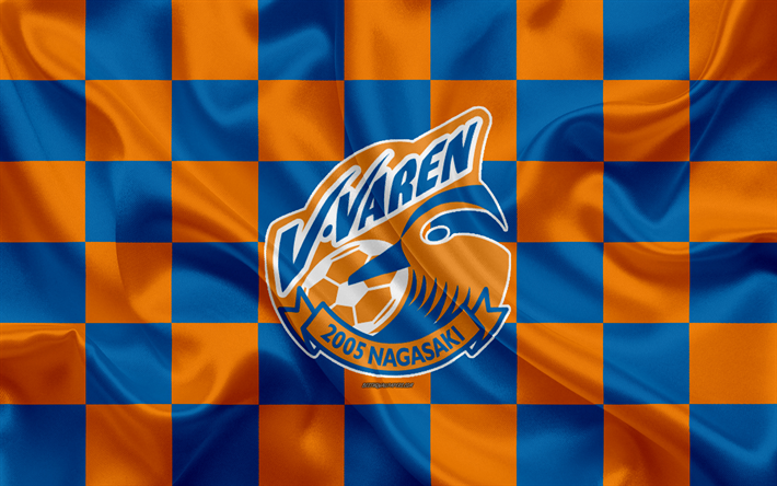 V-Varen Nagasaki, 4k, logo, creativo, arte, arancione blu bandiera a scacchi, Giapponese football club, J1 League, J-League Division 1, emblema, seta, texture, Nagasaki, in Giappone, calcio