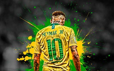 4k, Neymar, back view, green and yellow blots, Brazil National Team, football stars, Neymar JR, soccer, joy, creative, grunge, Brazilian football team