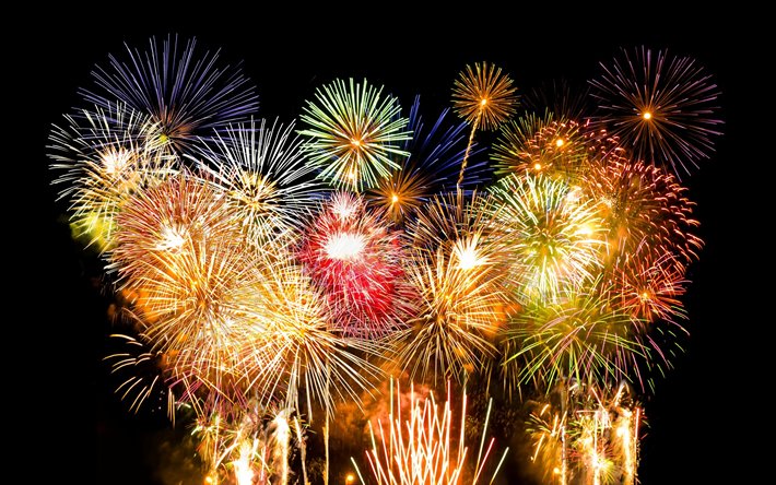 fuochi d&#39;artificio contro il cielo notturno, sfondo nero, fuochi d&#39;artificio, Felice Anno Nuovo, esplosioni