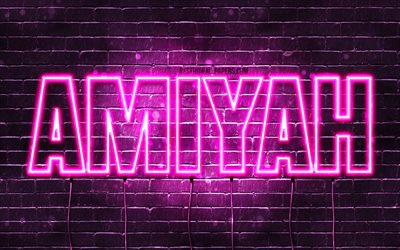 Amiyah, 4k, wallpapers with names, female names, Amiyah name, purple neon lights, horizontal text, picture with Amiyah name
