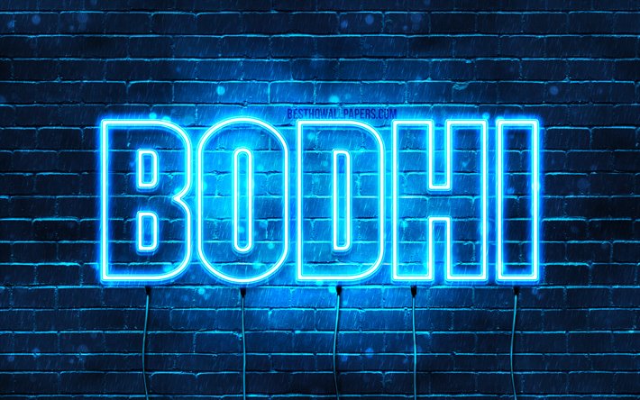 Bodhi, 4k, fondos de pantalla con los nombres, el texto horizontal, Bodhi nombre, luces azules de ne&#243;n, imagen con Bodhi nombre