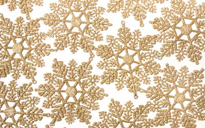golden fiocchi di neve, texture con fiocchi di neve, inverno, texture, sfondo bianco, invernali, sfondo, fiocchi di neve