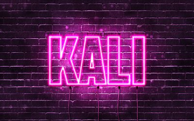 Kali, 4k, fondos de pantalla con los nombres, los nombres femeninos, Kali nombre, p&#250;rpura luces de ne&#243;n, el texto horizontal, imagen con el nombre de Kali