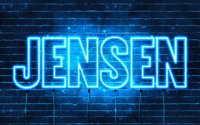 Jensen, 4k, fondos de pantalla con los nombres, el texto horizontal, Jensen nombre, luces azules de ne&#243;n, de la imagen con el nombre de Jensen