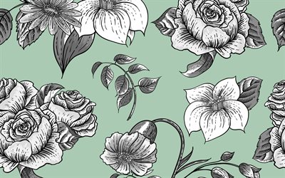 r&#233;tro texture avec des fleurs, floral r&#233;tro, texture, floral, fond, r&#233;tro, vert