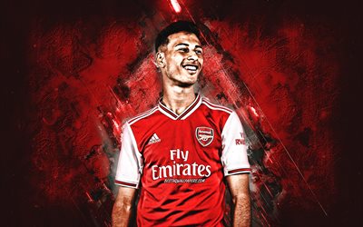 Gabriel Martinelli, Brazilian football player, Arsenal FC, portrait, red stone background, Premier League, England, football