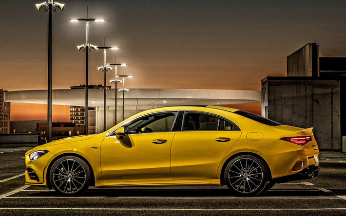 2020, Mercedes-AMG CLA35, 側面, 外観, 黄色いセダン, 新しい黄色CLA35, ドイツ車, メルセデス-ベンツ