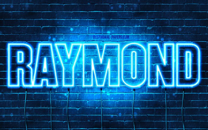 Raymond, 4k, pap&#233;is de parede com os nomes de, texto horizontal, Raymond nome, luzes de neon azuis, imagem com Raymond nome