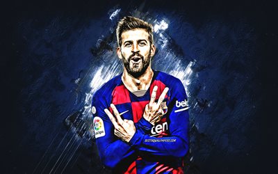Gerard Pique, FC Barcelona, Spanish football player, portrait, La Liga, blue stone background, football