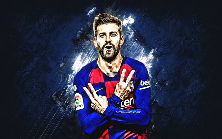 Gerard Pique, FC Barcelona, spagnolo, giocatore di football, ritratto, La Liga, La pietra blu di sfondo, calcio