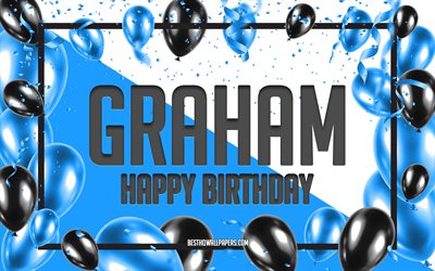 Feliz Cumplea&#241;os Graham, Globos de Cumplea&#241;os de Fondo, Graham, fondos de pantalla con los nombres, Graham Feliz Cumplea&#241;os, Globos Azules Cumplea&#241;os de Fondo, tarjeta de felicitaci&#243;n, Graham Cumplea&#241;os