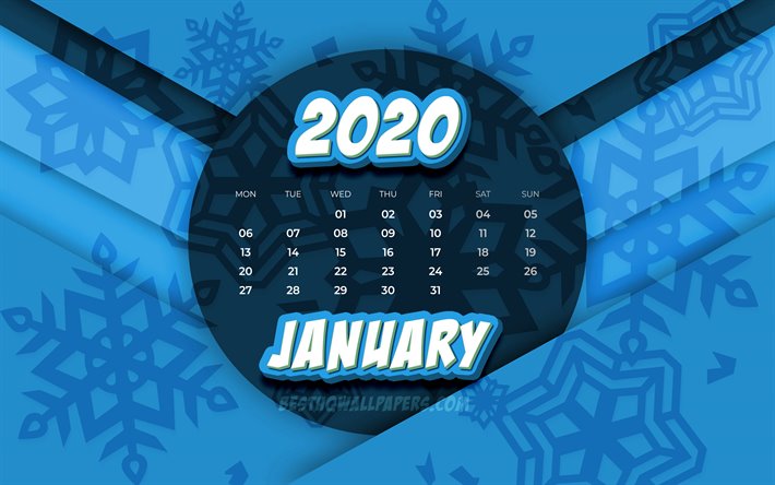 Janvier 2020 Calendrier, 4k, comic art 3D, 2020 calendrier, l&#39;hiver calendriers, janvier 2020, cr&#233;atif, des flocons de neige, les mod&#232;les, janvier 2020 calendrier avec des flocons de neige, Calendrier janvier 2020, fond bleu, 2020 calendrier