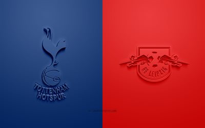 Tottenham Hotspur vs RB Leipzig, UEFA Champions League, 3D logos, promotional materials, blue red background, Champions League, football match, Tottenham Hotspur FC, RB Leipzig