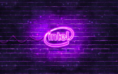 Intel violet logo, 4k, violet brickwall, Intel logo, brands, Intel neon logo, Intel