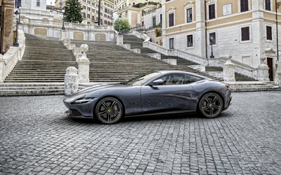 Ferrari Roma, 2020, exterior, gray sports coupe, new gray Roma, Italian sports cars, Ferrari