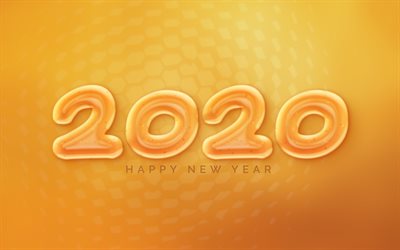 Happy New Year 2020, honeycomb, 2020 concepts, 2020 New Year, honey art, 2020 honey background, 2020 orange background