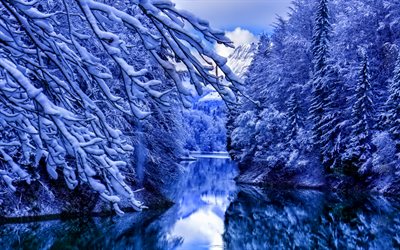 Winter, 4k, blue river, snowdrifts, forest, mountains, beautiful nature