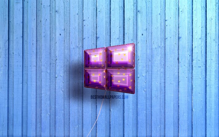 4k, logo Windows 10, syst&#232;me d&#39;exploitation, ballons r&#233;alistes violets, logo 3D Windows 10, Windows 10, arri&#232;re-plans en bois bleus