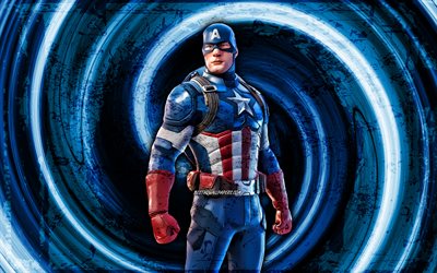 4k, Captain America, fond bleu grunge, Fortnite, vortex, Personnages de Fortnite, Skin Captain America, Fortnite Battle Royale, Captain America Fortnite