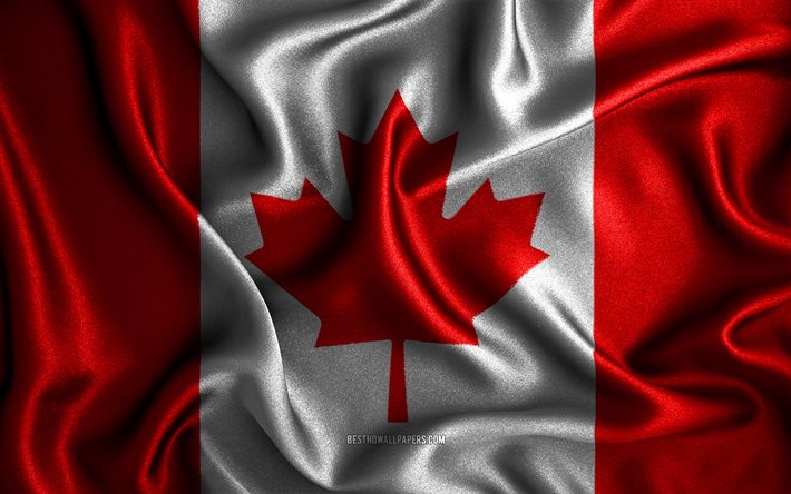Bandiera canadese, 4K, bandiere ondulate di seta, paesi nordamericani, simboli nazionali, bandiera del Canada, bandiere in tessuto, bandiera Canada, arte 3D, Canada, Nord America, bandiera 3D Canada