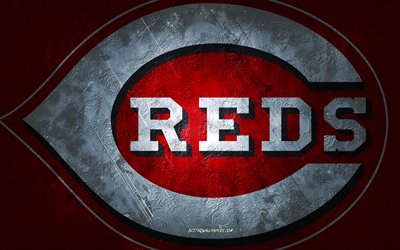 Cincinnati Reds, time de beisebol americano, fundo de pedra vermelha, logotipo do Cincinnati Reds, arte do grunge, MLB, beisebol, EUA, emblema do Cincinnati Reds