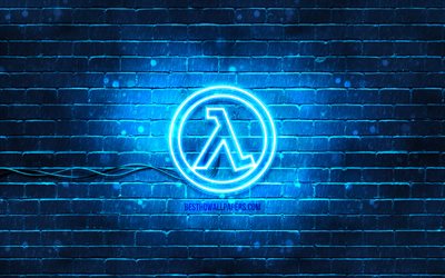 Logo blu Half-Life, 4k, muro di mattoni blu, logo Half-Life, giochi 2020, logo neon Half-Life, Half-Life