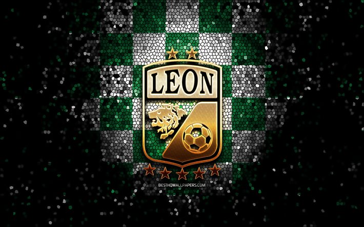 Club Leon FC, glitter logo, Liga MX, green white checkered background, soccer, mexican football club, Club Leon logo, mosaic art, football, Leon FC