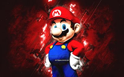 Mario, Super Mario, Mario-hahmo, muotokuva, punainen kivitausta, pelihahmot