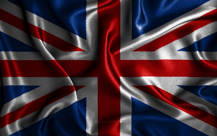 Ison-Britannian lippu, 4k, silkkiset aaltoilevat liput, Euroopan maat, kansalliset symbolit, kangasliput, 3D-taide, Iso-Britannia, Eurooppa, Union Jack, Iso-Britannian 3D-lippu