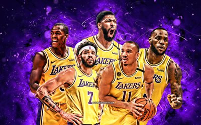LeBron James, Rajon Rondo, JaVale McGee, Anthony Davis, Avery Bradley, 4k, Los Angeles Lakers, basketbol, NBA, Los Angeles Lakers takımı, mor neon ışıkları, basketbol yıldızları, LA Lakers