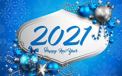 Happy New Year 2021, 4k, Christmas blue balls background, 2021 New Year, 2021 concepts, 2021 Blue background, Blue Christmas balls