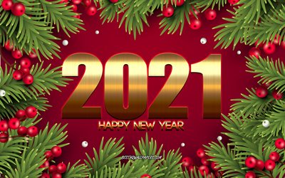 Happy New Year 2021, 4k, Red Christmas background, Christmas tree frame, 2021 New Year, 2021 concepts, 2021 Gold background