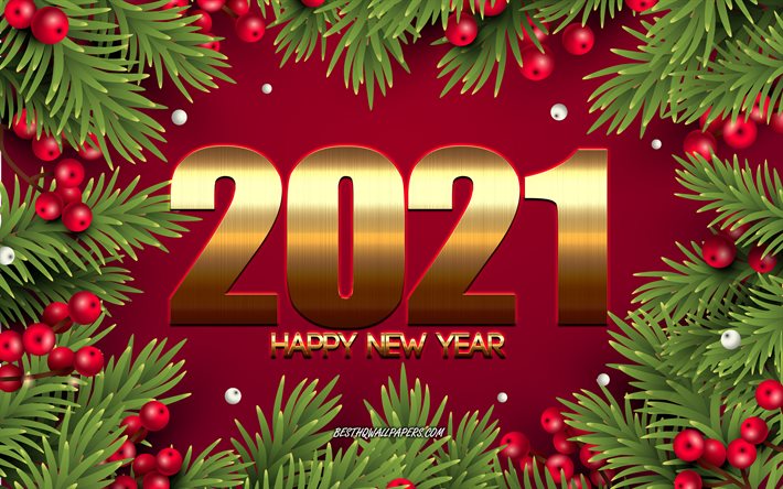 Felice anno nuovo 2021, 4K, sfondo rosso di Natale, cornice dell&#39;albero di Natale, 2021 Capodanno, 2021 concetti, 2021 sfondo oro