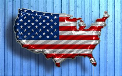 ABD Ger&#231;ek&#231;i Balonlar haritası, 4k, 3D haritalar, ABD haritası, mavi ahşap arka plan, ABD haritası ile balon, ABD bayrağı, Amerika Birleşik Devletleri