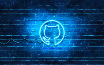 Logo blu Github, 4k, muro di mattoni blu, logo Github, social network, logo neon Github, Github