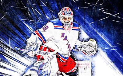 4k, Henrik Lundqvist, grunge art, NHL, New York Rangers, hockey stars, hockey, Bjorn Henrik Lundqvist, blue abstract rays, NY Rangers, hockey players, Henrik Lundqvist New York Rangers, Henrik Lundqvist 4K