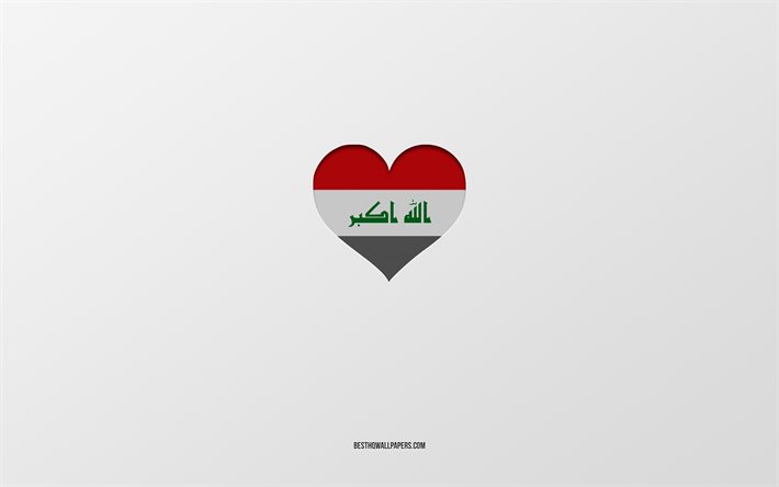 Irak&#39;ı seviyorum, Asya &#252;lkeleri, Irak, gri arkaplan, Irak bayrağı kalbi, favori &#252;lke