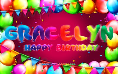 Feliz anivers&#225;rio Gracelyn, 4k, moldura de bal&#227;o colorido, nome Gracelyn, fundo roxo, Gracelyn feliz anivers&#225;rio, Gracelyn anivers&#225;rio, nomes femininos americanos populares, conceito de anivers&#225;rio, Gracelyn