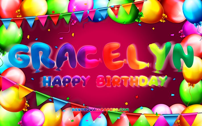 Joyeux anniversaire Gracelyn, 4k, cadre ballon color&#233;, nom Gracelyn, fond violet, Gracelyn joyeux anniversaire, Gracelyn anniversaire, noms f&#233;minins am&#233;ricains populaires, concept d&#39;anniversaire, Gracelyn