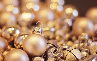ゴールデンクリスマスボール, メリークリスマス, クリスマスの黄金の背景, クリスマスのオーナメント