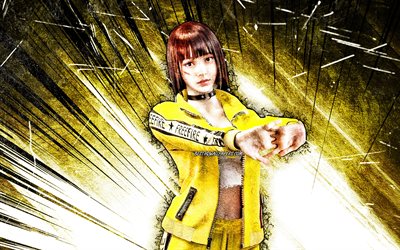 Kelly, grunge art, 4k, Free Fire Battlegrounds, Garena Free Fire characters, yellow abstract rays, Garena Free Fire, Kelly Free Fire