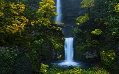 Multnomah Falls, Columbia River Gorge, evening, waterfall, mountains, popular waterfalls of the USA, Multnomah County, Oregon, USA